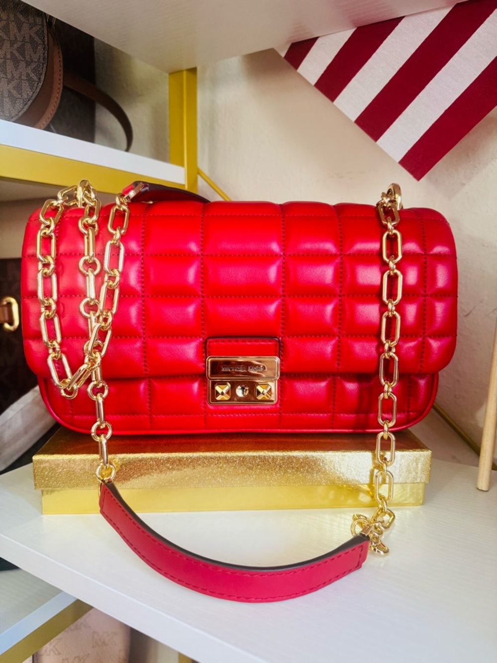 Michael Kors Quilted Red Shoulder Bag with Gold Chain